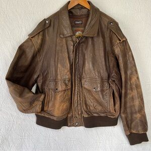 Vintage Adventure Bound Brown Leather Bomber Jacket Mens L Distressed Aviator